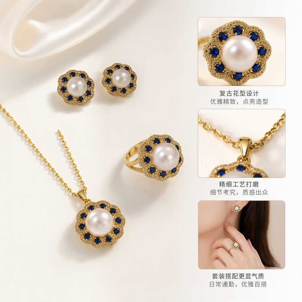 Golden pearl and sapphire jewelry set, necklace, stud ring, elegant and refined women's gift, elegant style