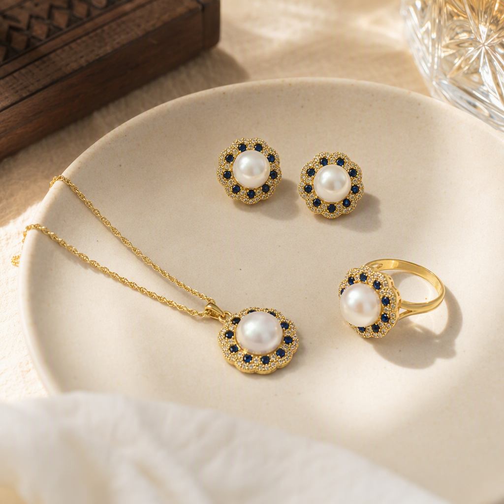 Golden pearl and sapphire jewelry set, necklace, stud ring, elegant and refined women's gift, elegant style details Picture