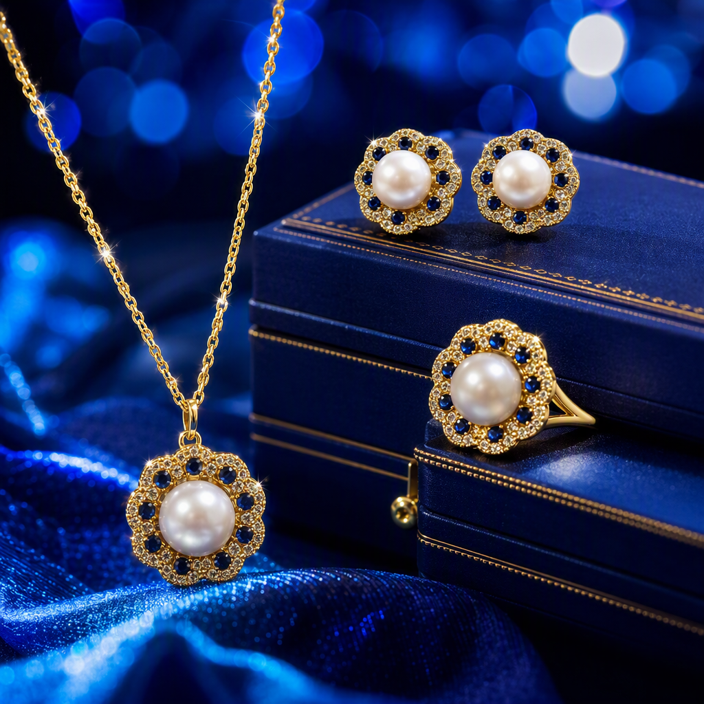Golden pearl and sapphire jewelry set, necklace, stud ring, elegant and refined women's gift, elegant style Specification image