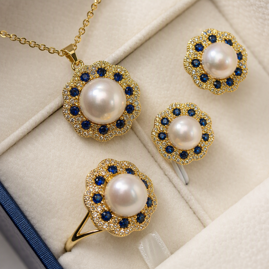 Golden pearl and sapphire jewelry set, necklace, stud ring, elegant and refined women's gift, elegant style Application Scenario