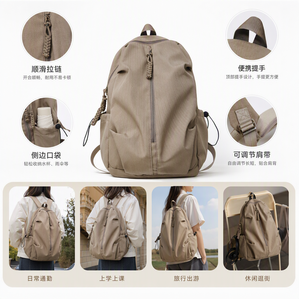 Moda versátil beige mochila mochila casual de gran capacidad bolsa de estudiante tendencia estilo simple bolsa de mujer