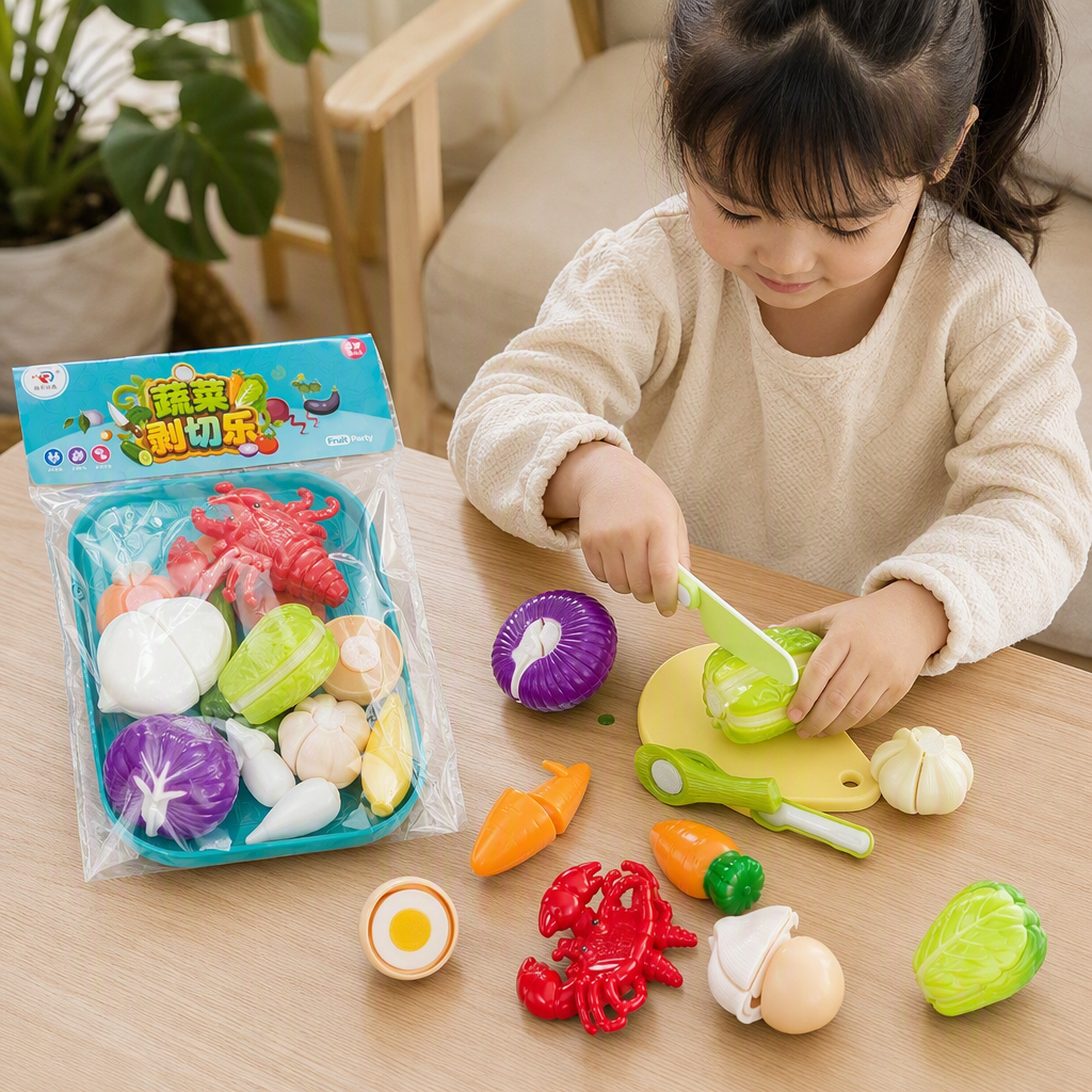 Colorful vegetable peeling and Slicing fun toy set, simulation fruit and vegetable model, children's kitchen game with knives displayed on a light blue background details Picture