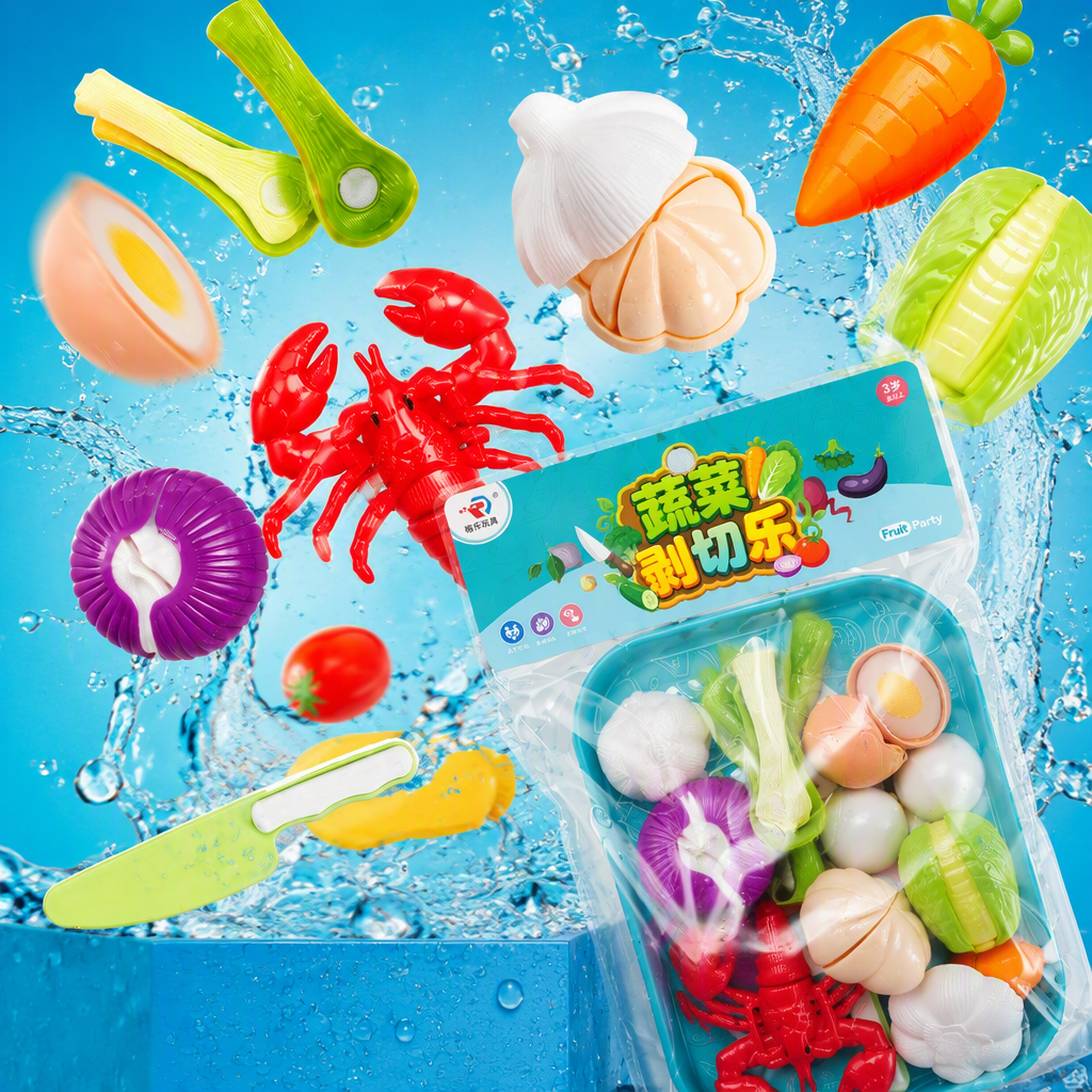 Colorful vegetable peeling and Slicing fun toy set, simulation fruit and vegetable model, children's kitchen game with knives displayed on a light blue background Specification image