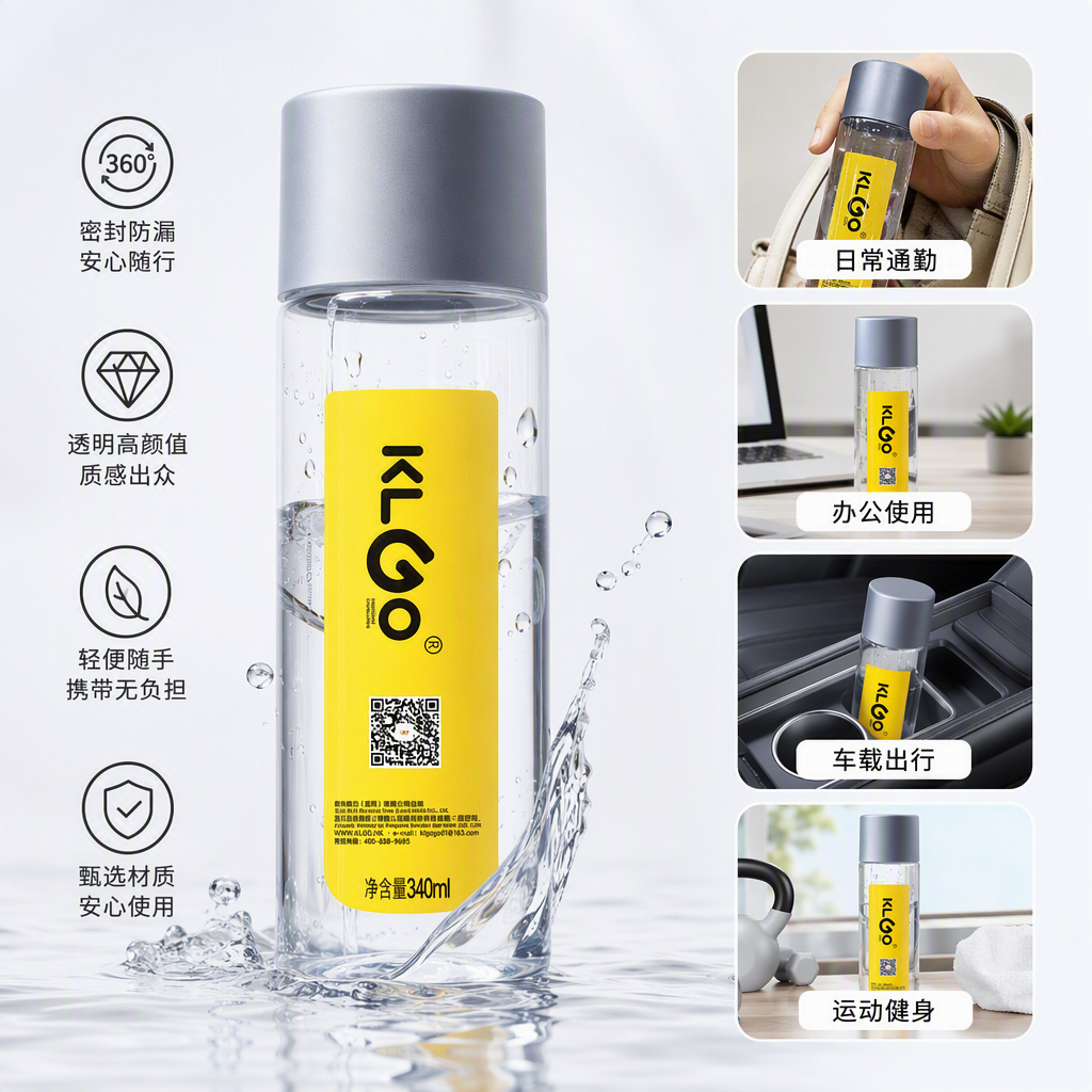 便携透明水瓶340ml瓶身贴黄标二维码手持便携运动水壶灰色盖时尚耐用