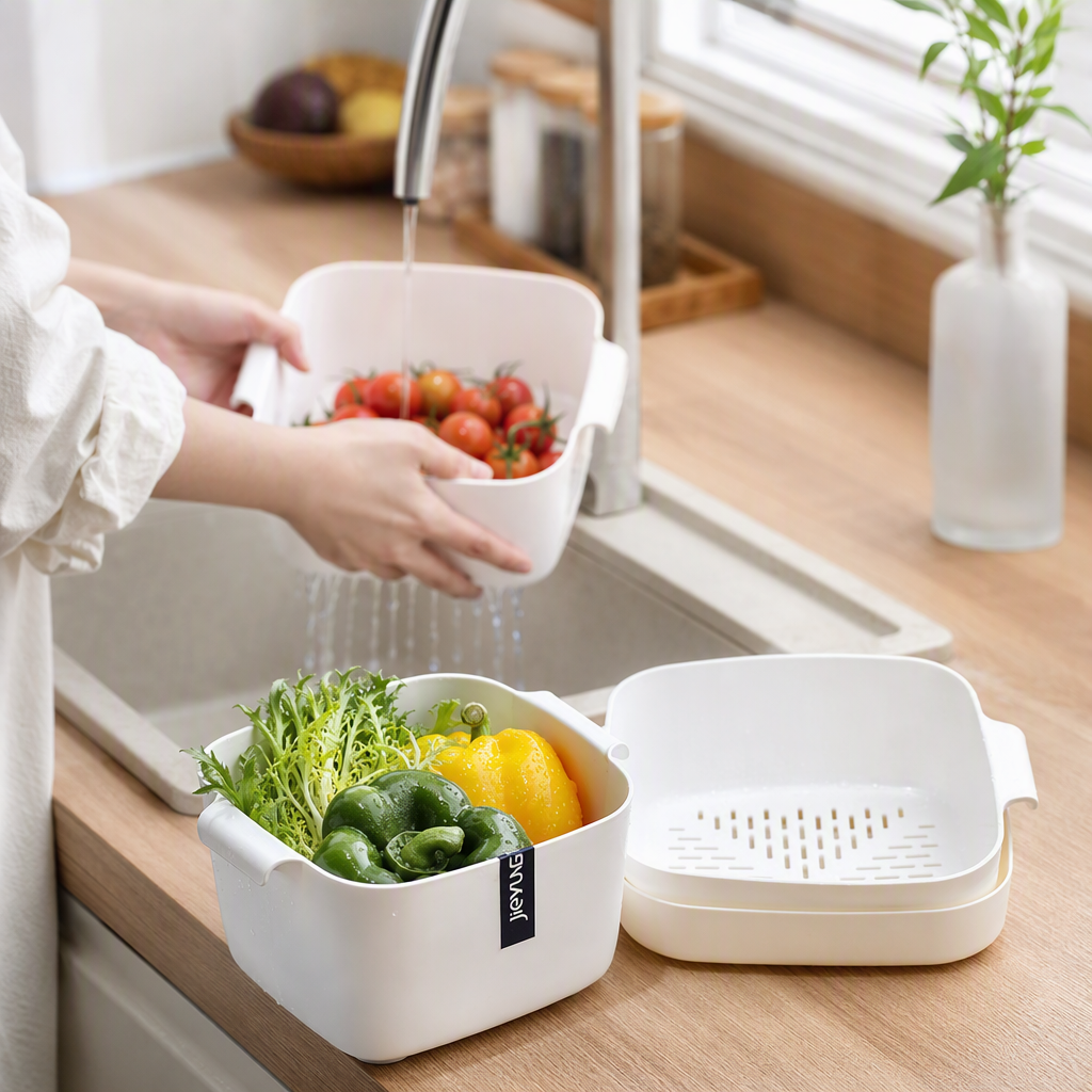 【CL】26Q3#2126 multi-functional white plastic draining basket, kitchen vegetable washing sieve, fruit and vegetable filtering basket, household plastic sheet storage basket details Picture