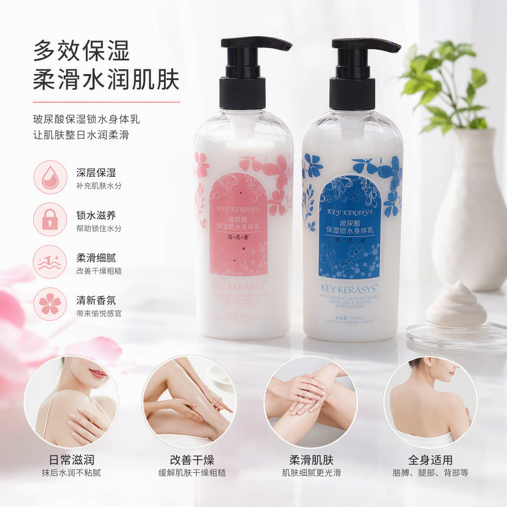 粉色蓝色花卉图案瓶身保湿锁水身体乳黑色按压泵头透明乳白液体室内货架陈列