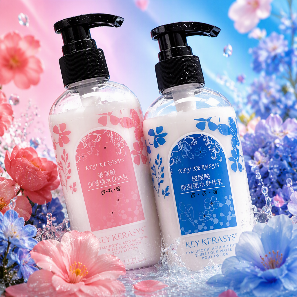 粉色蓝色花卉图案瓶身保湿锁水身体乳黑色按压泵头透明乳白液体室内货架陈列细节图