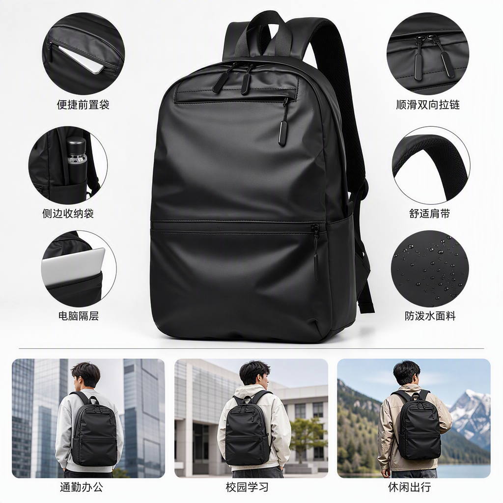 Multi-functional fashionable casual backpack for men, versatile and trendy, large-capacity student sports bag in black style