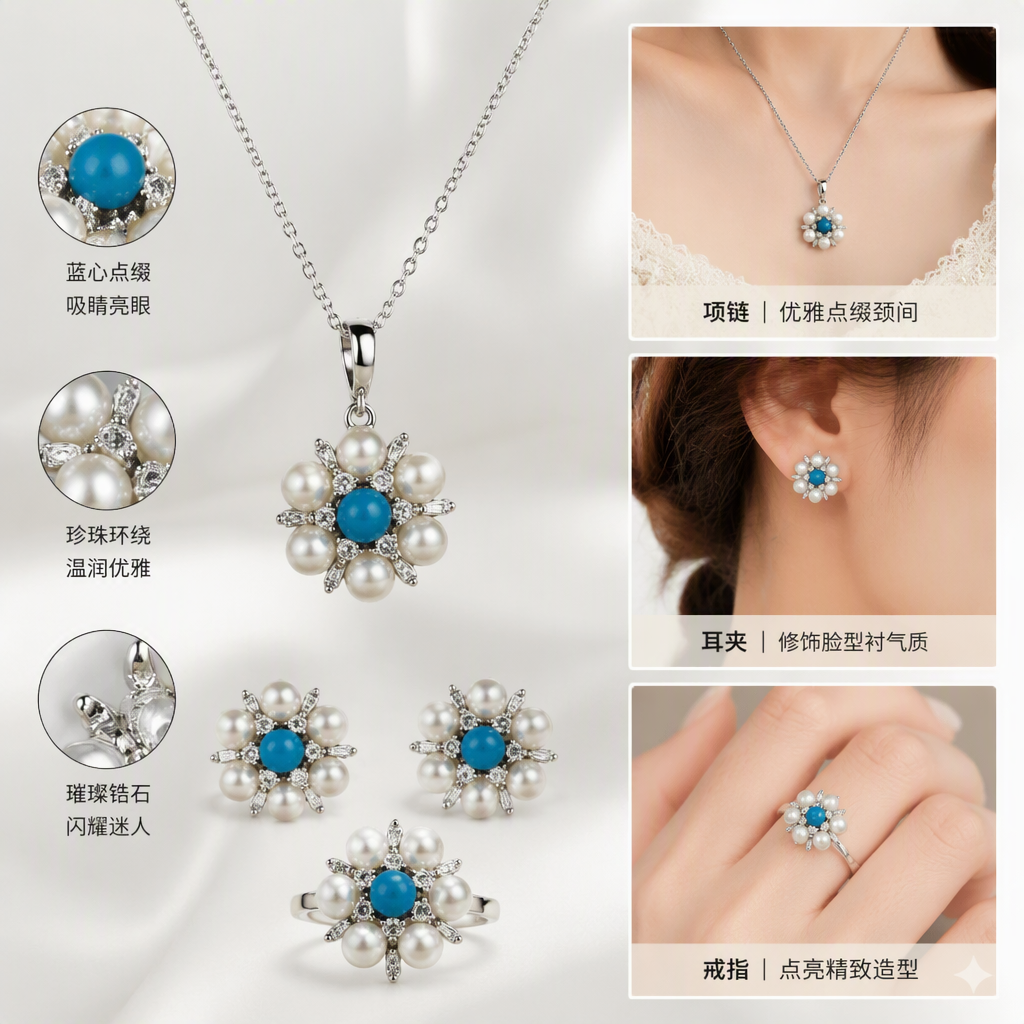 Pearl and sapphire flower-shaped jewelry set, blue gift box, necklace, earrings and ring, elegant and fashionable gift choice