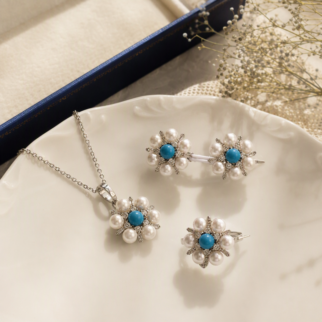 Pearl and sapphire flower-shaped jewelry set, blue gift box, necklace, earrings and ring, elegant and fashionable gift choice details Picture