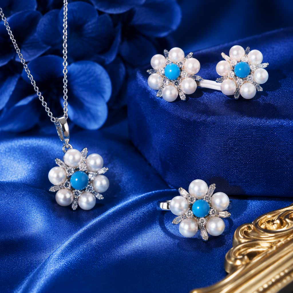 Pearl and sapphire flower-shaped jewelry set, blue gift box, necklace, earrings and ring, elegant and fashionable gift choice Specification image