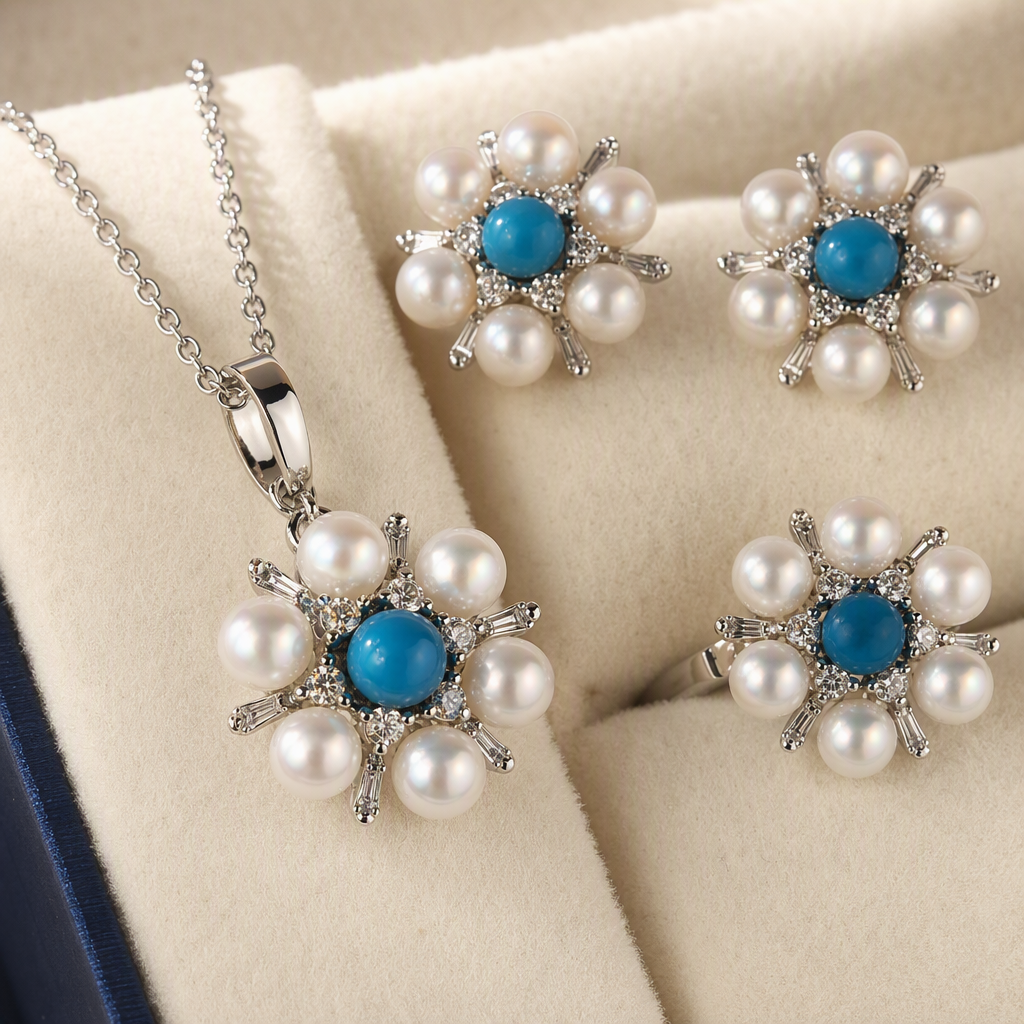 Pearl and sapphire flower-shaped jewelry set, blue gift box, necklace, earrings and ring, elegant and fashionable gift choice Application Scenario