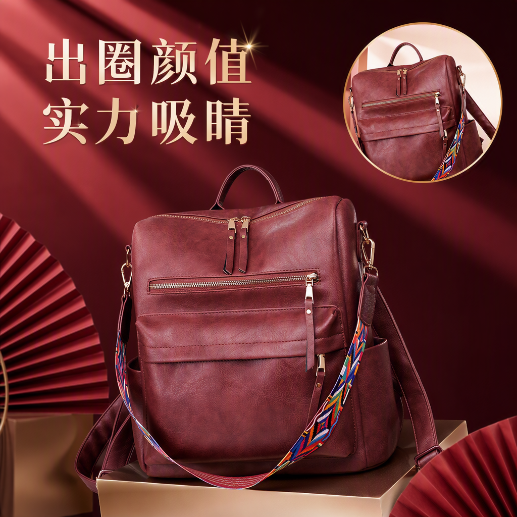 Fashionable wine red leather backpack with colorful geometric pattern shoulder straps, casual backpack for women, a trendy and versatile choice Specification image