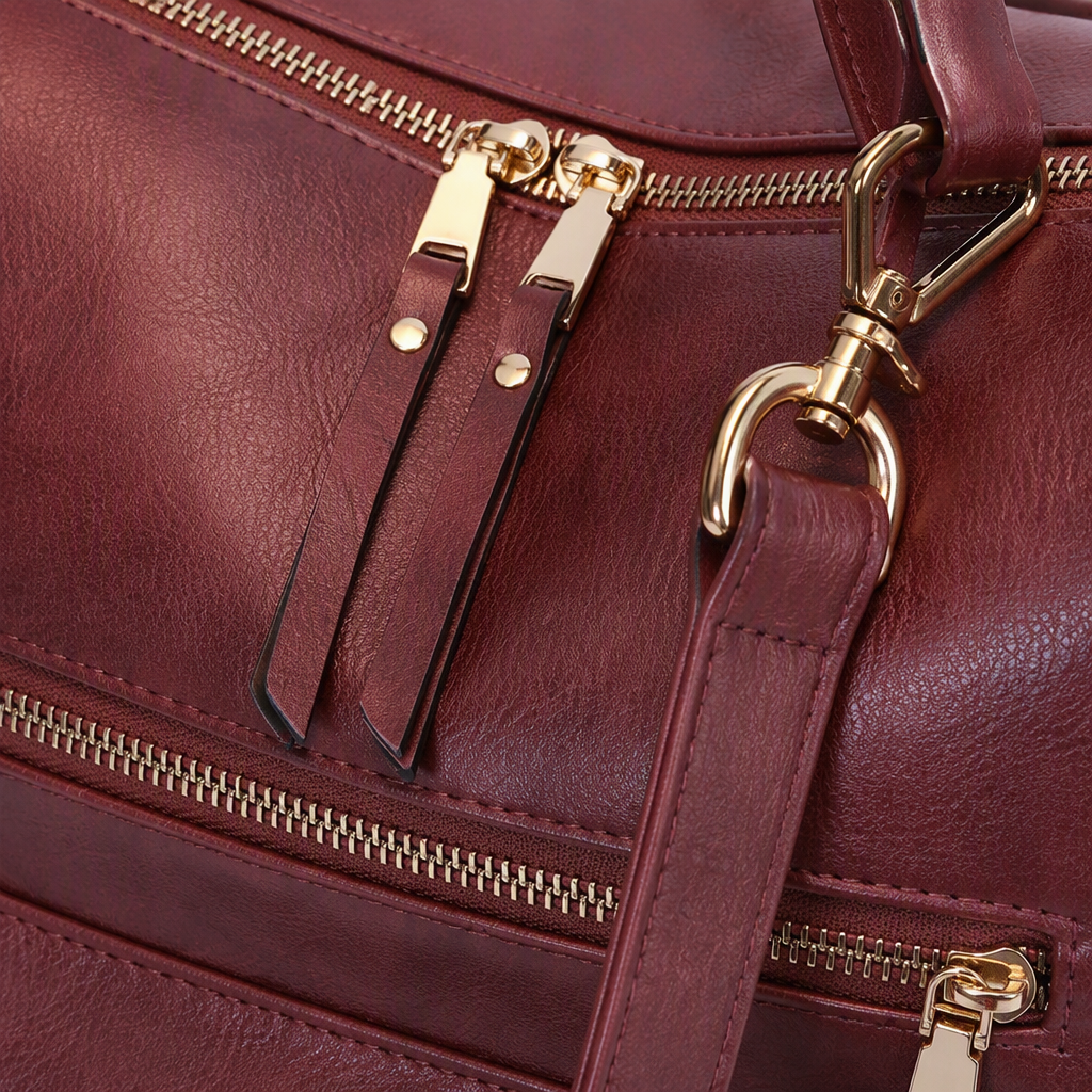 Fashionable wine red leather backpack with colorful geometric pattern shoulder straps, casual backpack for women, a trendy and versatile choice Application Scenario
