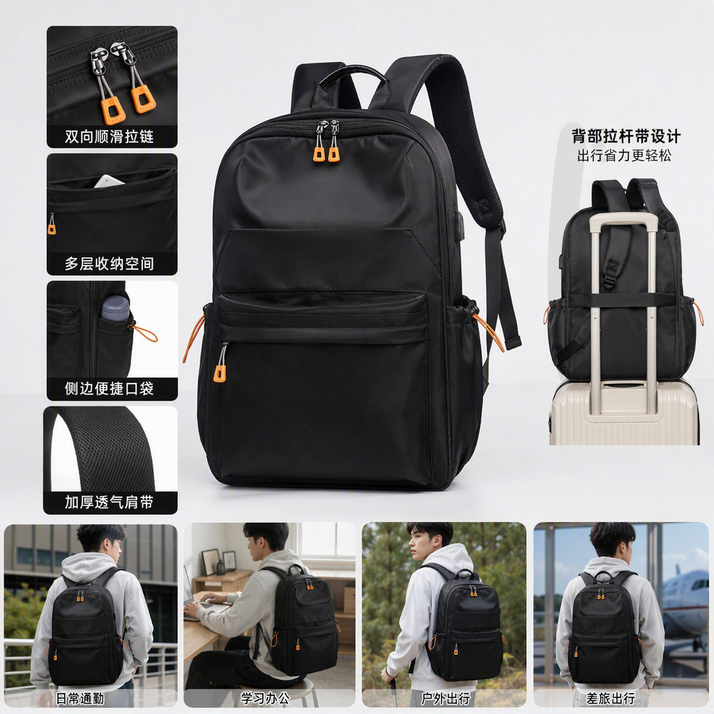 Mochila negra ligera y duradera mochila de viaje multifuncional estudiante commuter bag para hombres y mujeres
