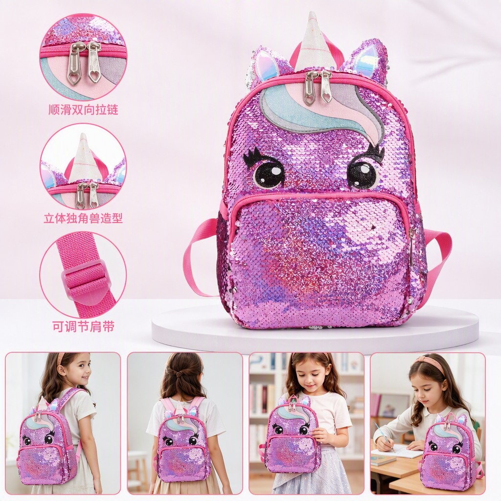 Rosa lentejuelas unicornio mochila niños lindo dibujos animados chica estudiante bolsa de mano tendencia versátil bolsa de moda Rosa lentejuelas unicornio mochila niños lindo dibujos animados chica estudiante bolsa de mano tendencia versátil bolsa de moda