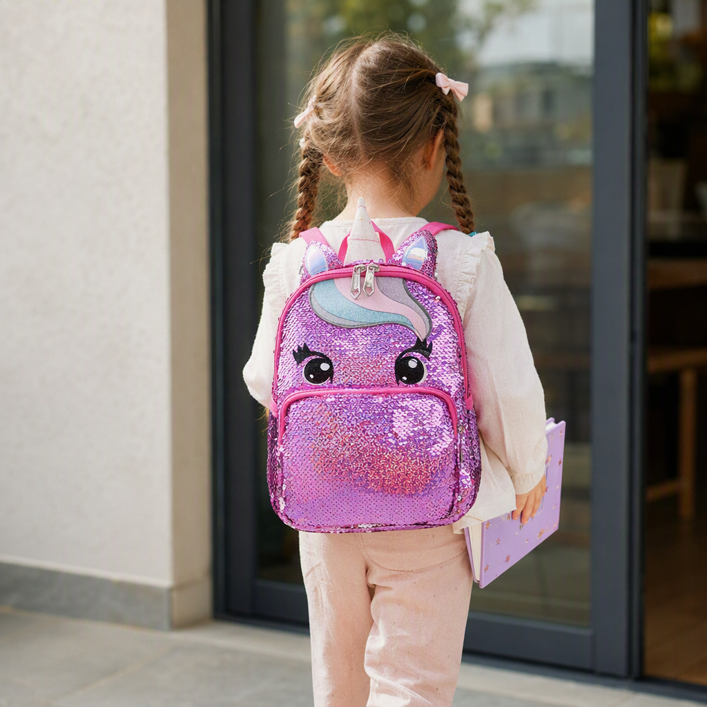 Rosa lentejuelas unicornio mochila niños lindo dibujos animados chica estudiante bolsa de mano tendencia versátil bolsa de moda details Picture