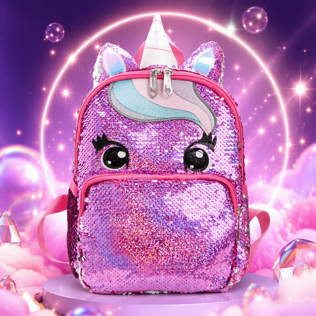 Rosa lentejuelas unicornio mochila niños lindo dibujos animados chica estudiante bolsa de mano tendencia versátil bolsa de moda Specification image