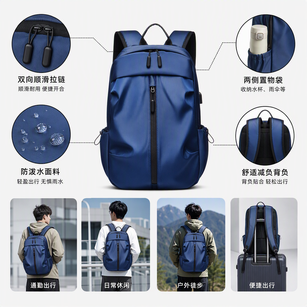 时尚休闲大容量学生背包防水蓝色潮流旅行户外运动包男女通用