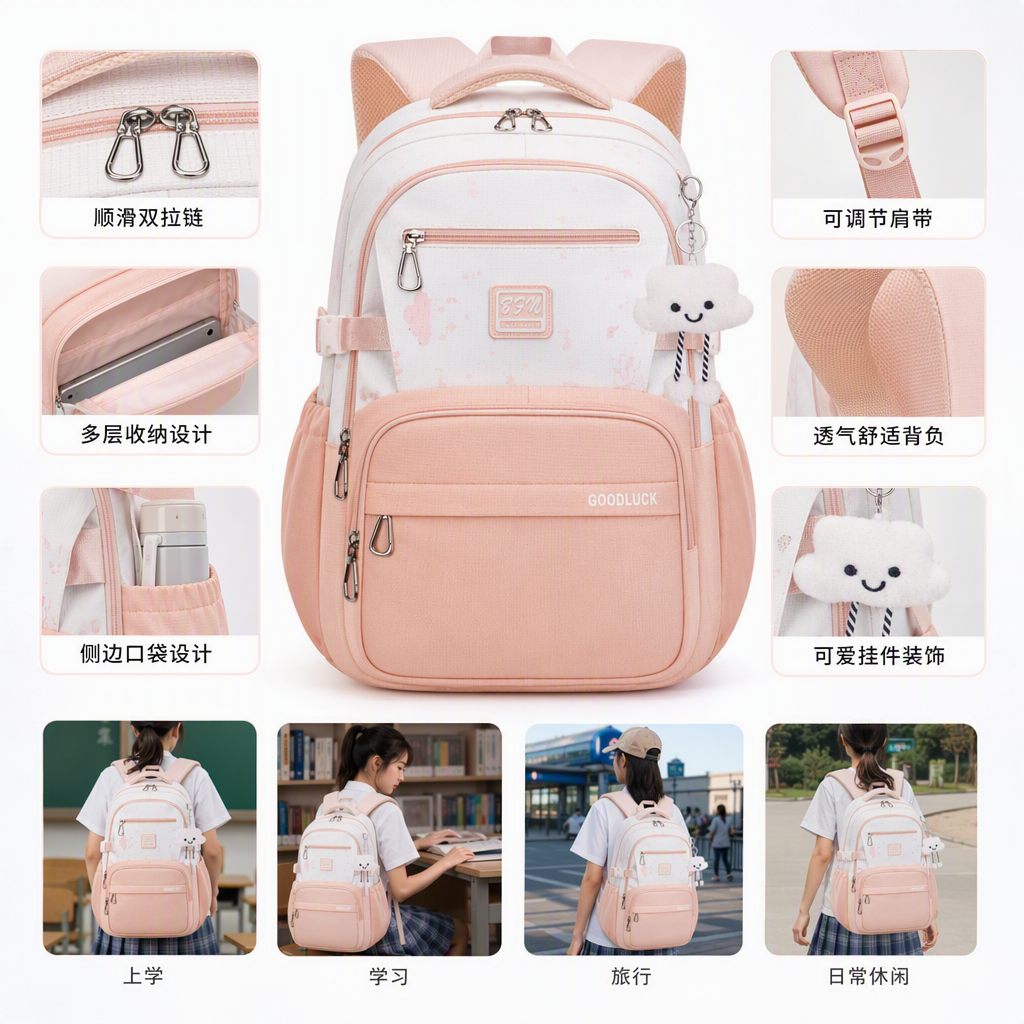 Moda rosa gradiente estudiante mochila escolar de gran capacidad adolescente adolescente estilo de tendencia ligero y duradero