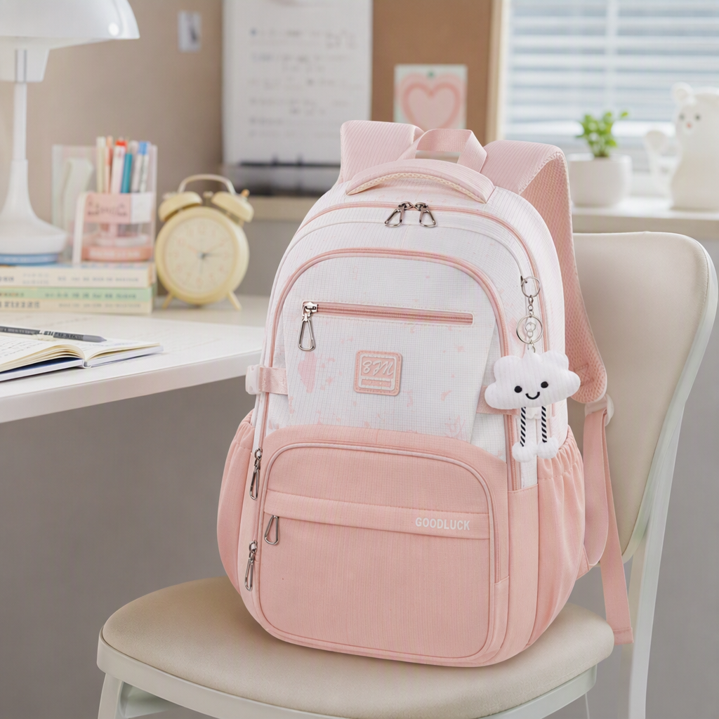 Fashionable pink gradient student schoolbag, large-capacity teenage girl campus backpack, lightweight, durable and trendy style details Picture