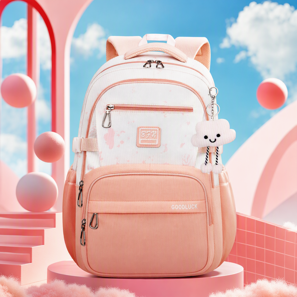 Fashionable pink gradient student schoolbag, large-capacity teenage girl campus backpack, lightweight, durable and trendy style Specification image