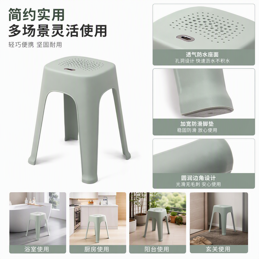 【CL】 26Q3#975  多彩塑料桌椅组合浅绿色灰色实木矮凳旋风软包多功能休闲椅