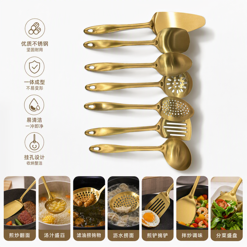 高档金色厨具套装多功能不锈钢厨房用品烹饪工具组合家用厨具套装