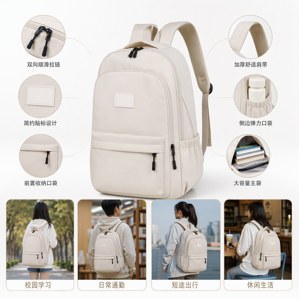 Moda simple arroz blanco mochila mochila de gran capacidad mochila de ocio bolsa de estudiante versión coreana tendencia versátil