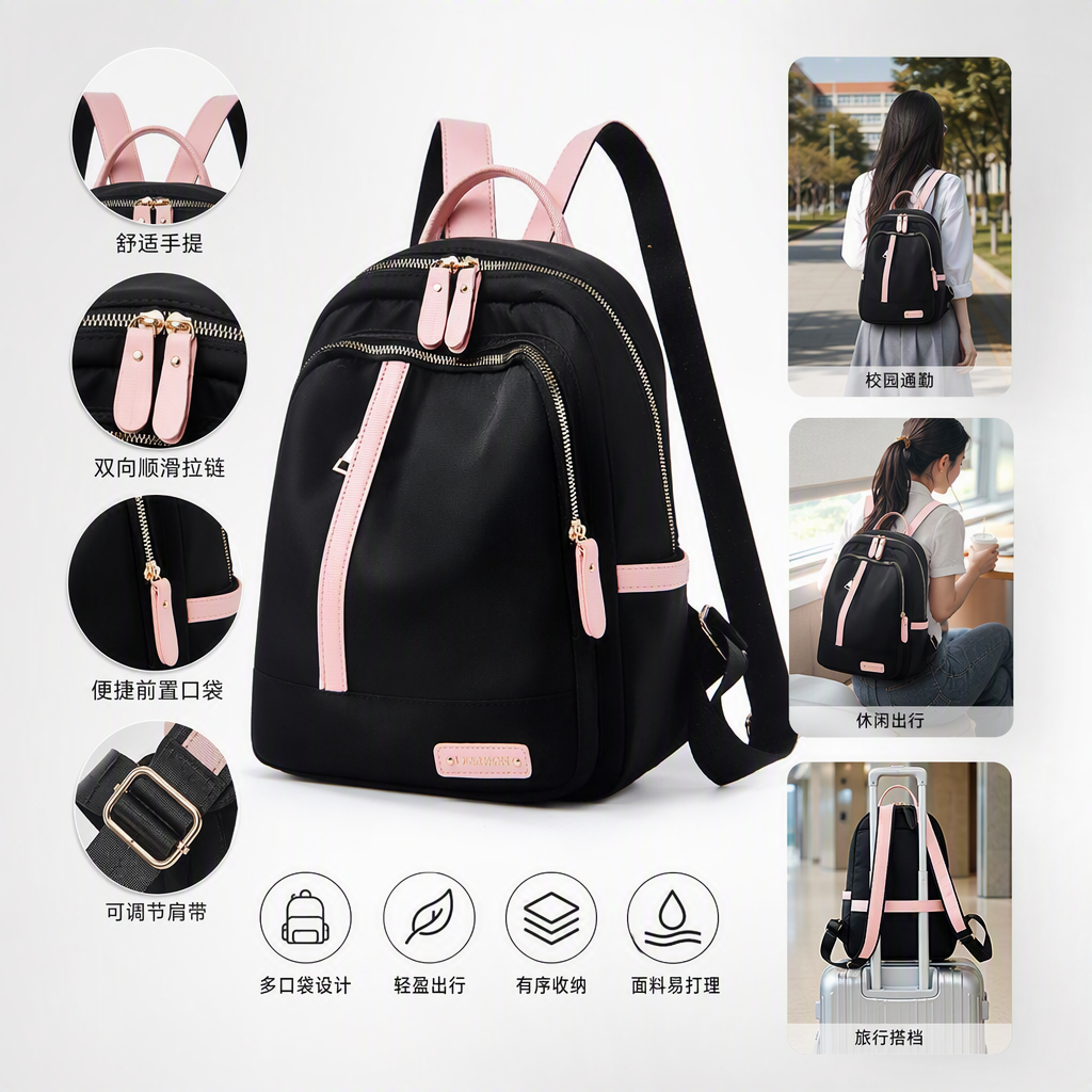 Mochila de hombro negro multifuncional rosa adornado con cremallera cabeza conveniente para viajes de viaje durable diseño a prueba de agua