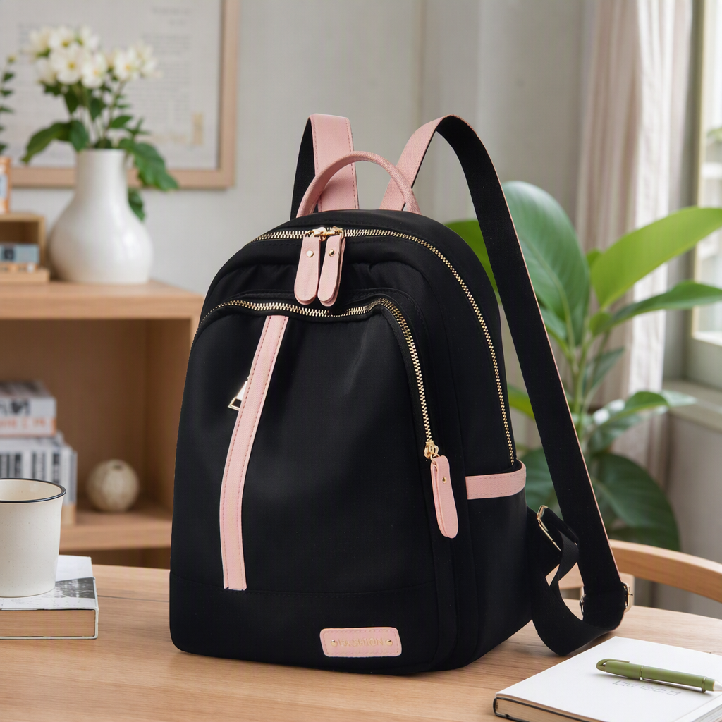 Mochila de hombro negro multifuncional rosa adornado con cremallera cabeza conveniente para viajes de viaje durable diseño a prueba de agua details Picture