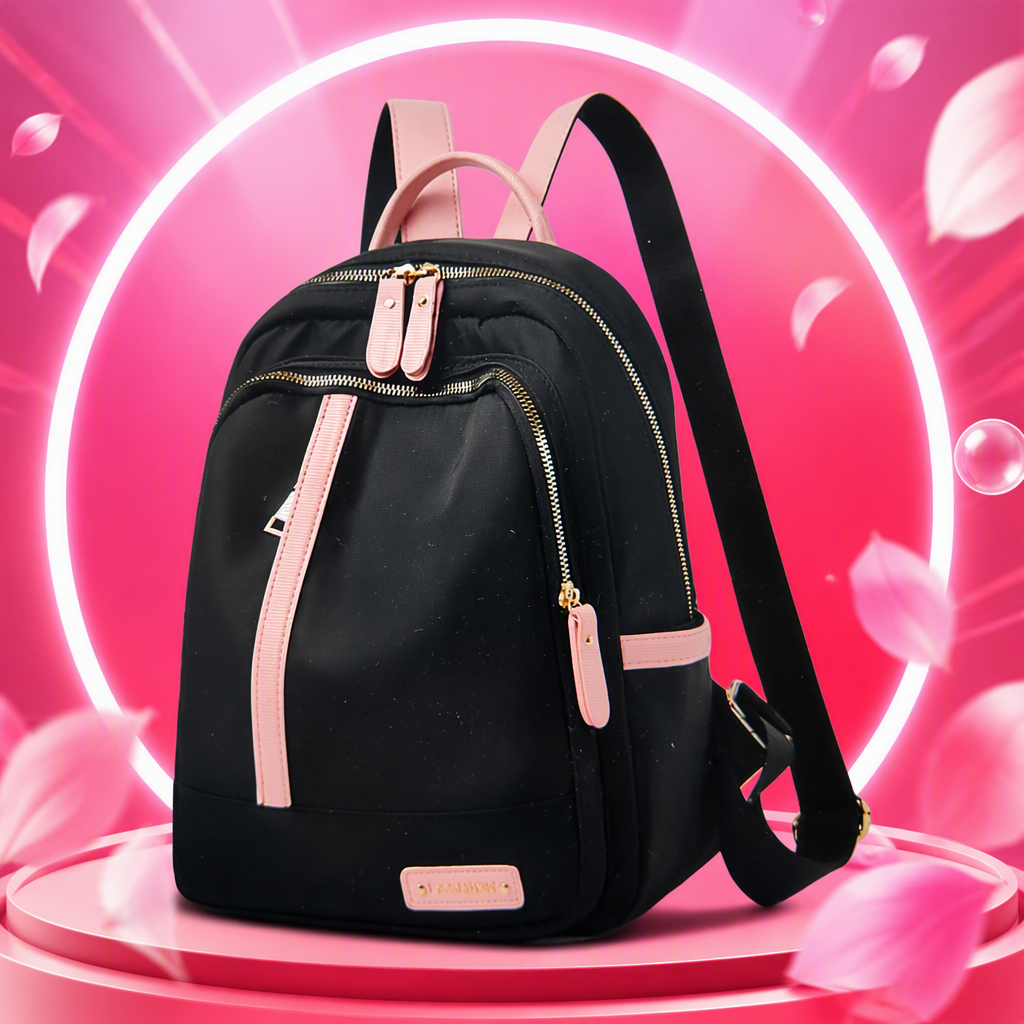 Mochila de hombro negro multifuncional rosa adornado con cremallera cabeza conveniente para viajes de viaje durable diseño a prueba de agua Specification image