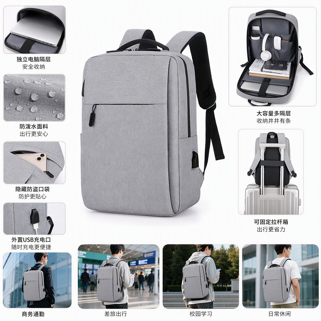Fashionable and casual grey backpack for student travel, a multi-functional backpack suitable for both men and women, a trendy style