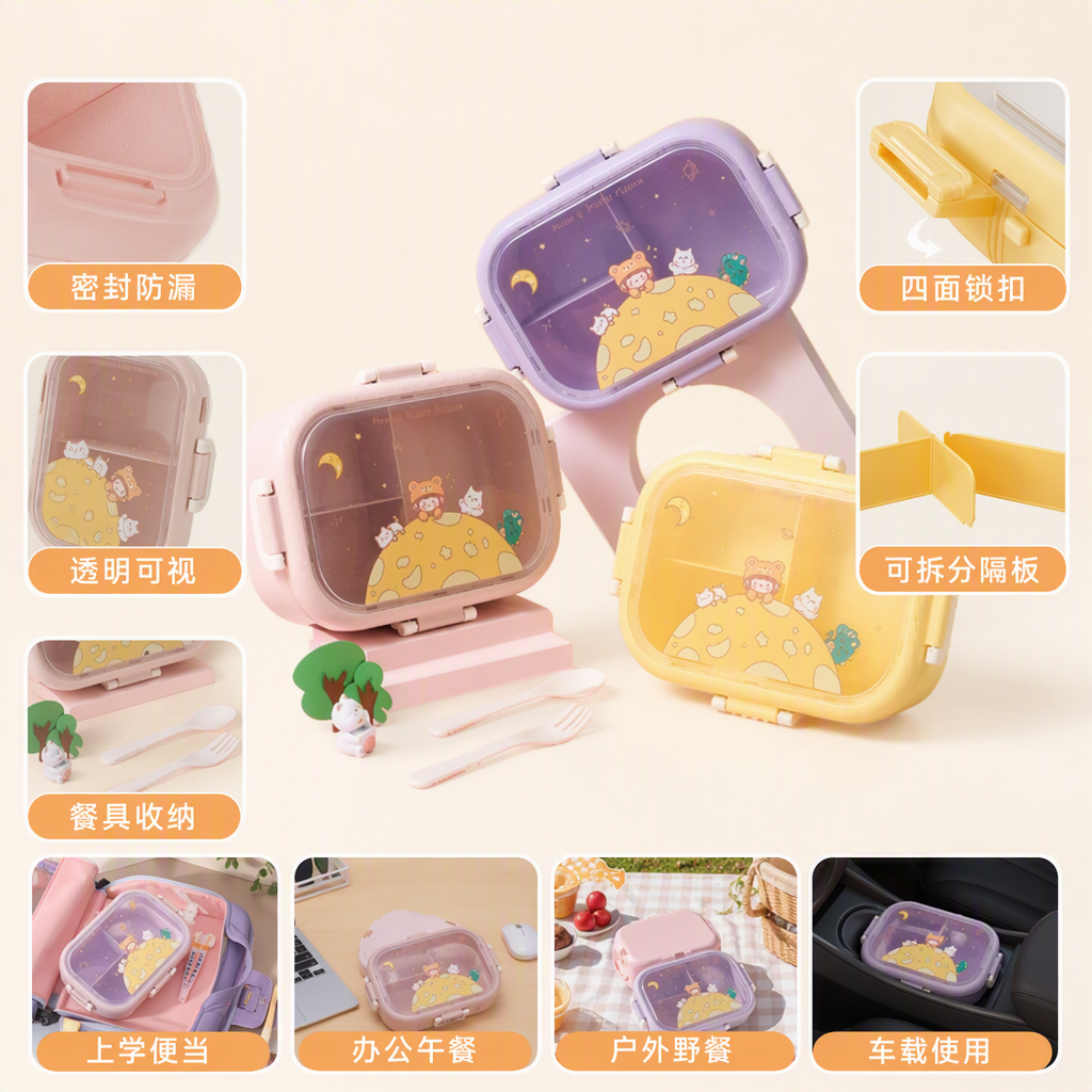 Colorful cartoon pattern portable lunch box, children and students' bento box with compartments, heat-resistant plastic tableware storage box