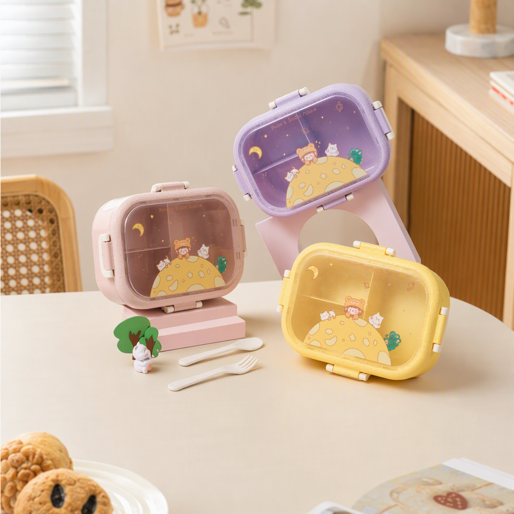 Colorful cartoon pattern portable lunch box, children and students' bento box with compartments, heat-resistant plastic tableware storage box details Picture