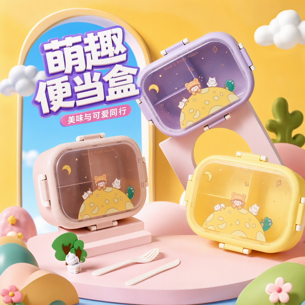 Colorful cartoon pattern portable lunch box, children and students' bento box with compartments, heat-resistant plastic tableware storage box Specification image