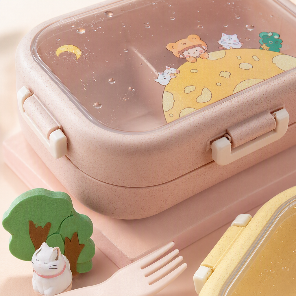 Colorful cartoon pattern portable lunch box, children and students' bento box with compartments, heat-resistant plastic tableware storage box Application Scenario