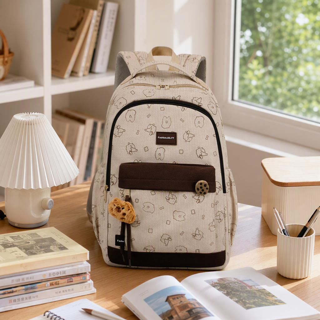Cute cartoon pattern beige background student backpack, multi-functional casual and trendy backpack, girls' schoolbag, children's backpack details Picture
