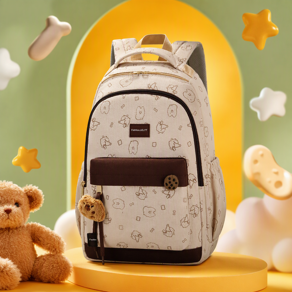 Cute cartoon pattern beige background student backpack, multi-functional casual and trendy backpack, girls' schoolbag, children's backpack Specification image