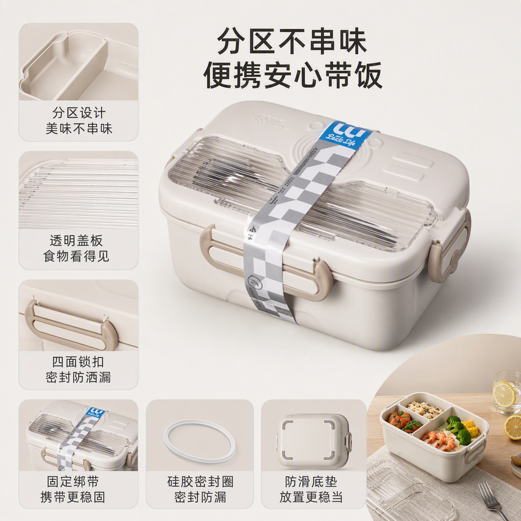 便携保温饭盒大容量米白色塑料餐盒学生便当盒便携餐具带盖耐用