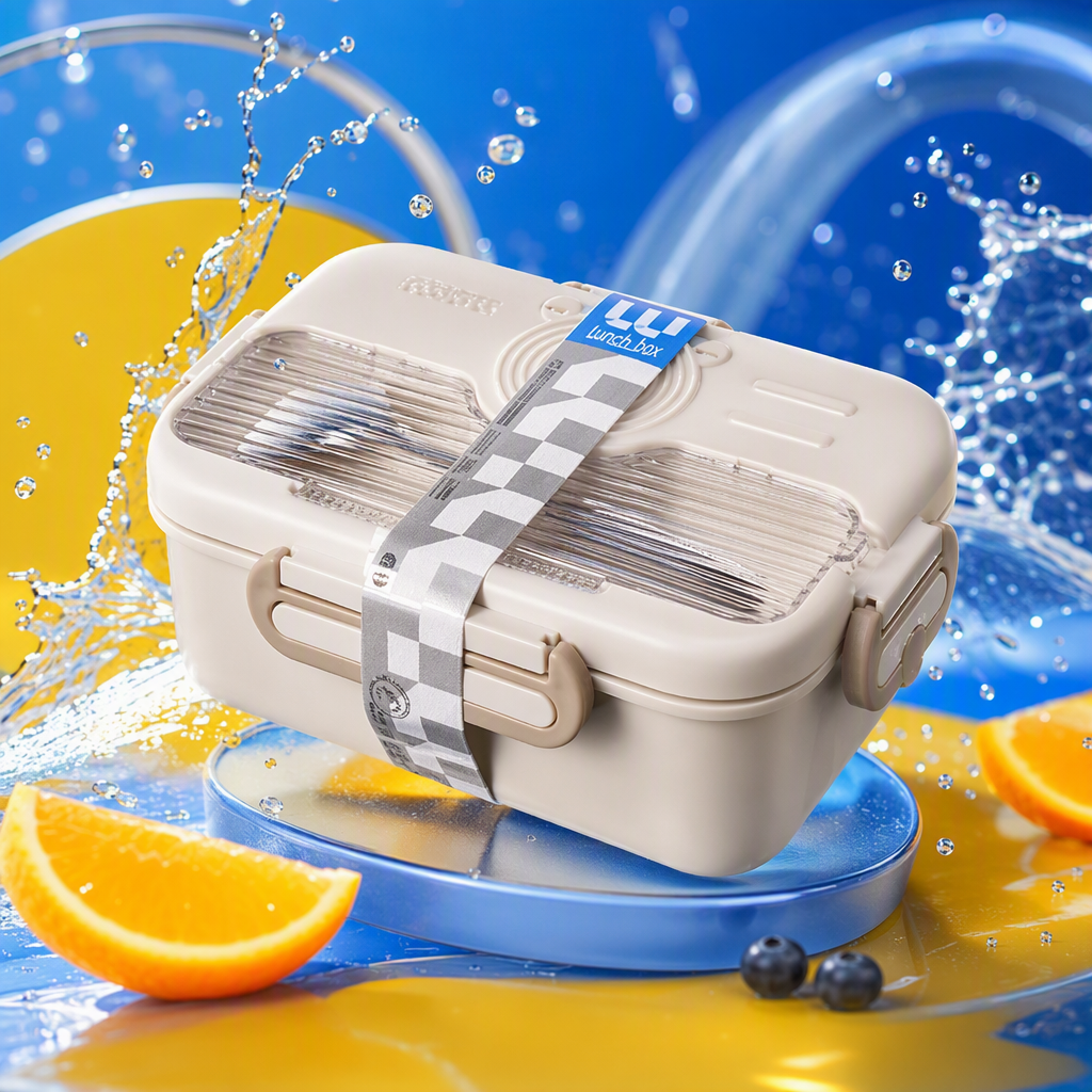 Portable insulated lunch box, large-capacity, off-white plastic lunch box, student lunch box, portable tableware with lid, durable Specification image
