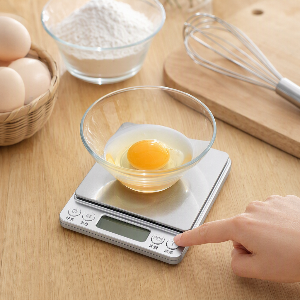 A multi-functional electronic scale with a glass bowl for holding eggs, a precise household measuring device for kitchen weighing details Picture
