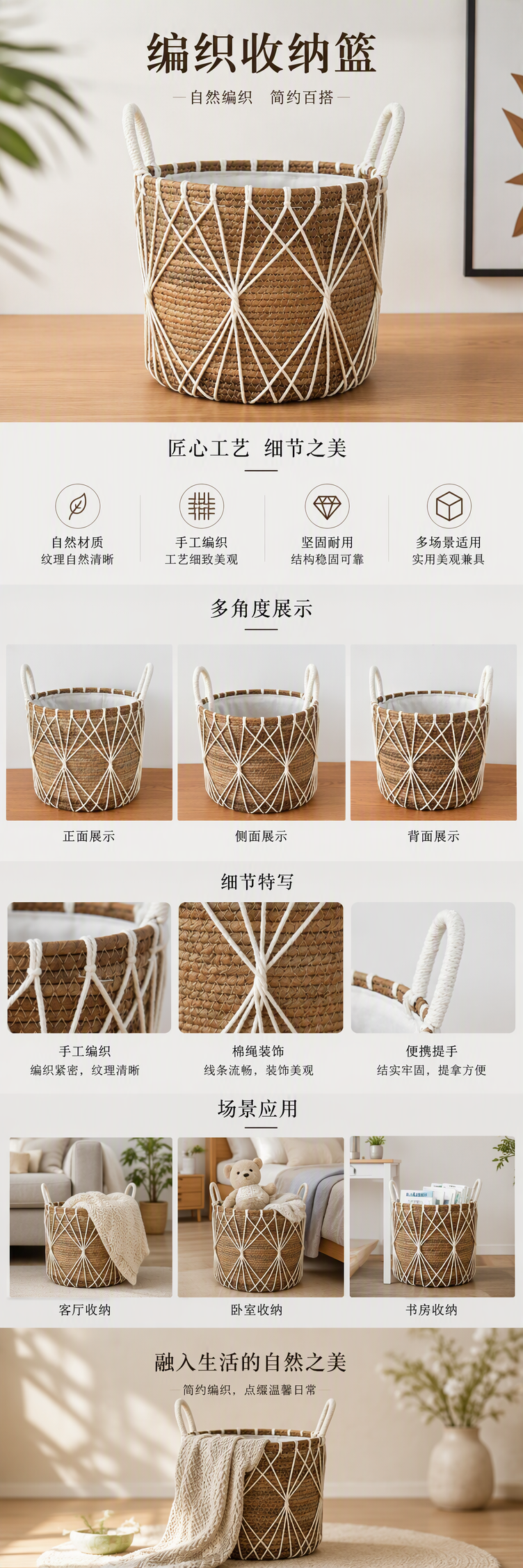 多功能手工编织收纳篮家居储物篮棕色简约创意整理篮子置物篮详情1