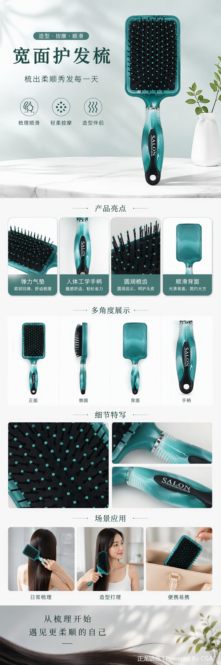 环保塑料梳子防静电防毛躁绿色发梳便携梳便携梳子护发梳子绿款详情1