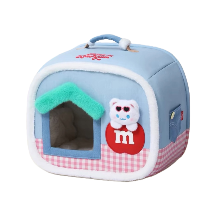 Nido de mascotas azul con techo verde rojo y blanco borde inferior a cuadros blanco borde de peluche gafas de sol oso muñeco rojo M logo top manija mascota descanso nido Item Picture
