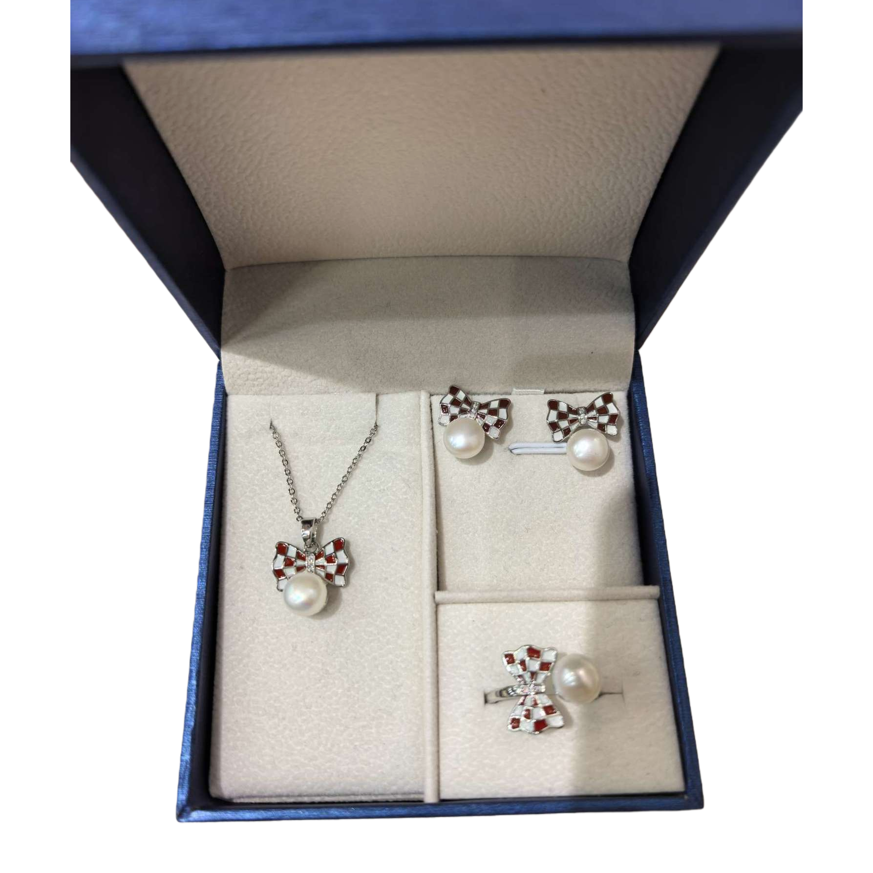 Blue box red and white checkered bow pearl jewelry set, fashionable and elegant accessory gift box Item Picture
