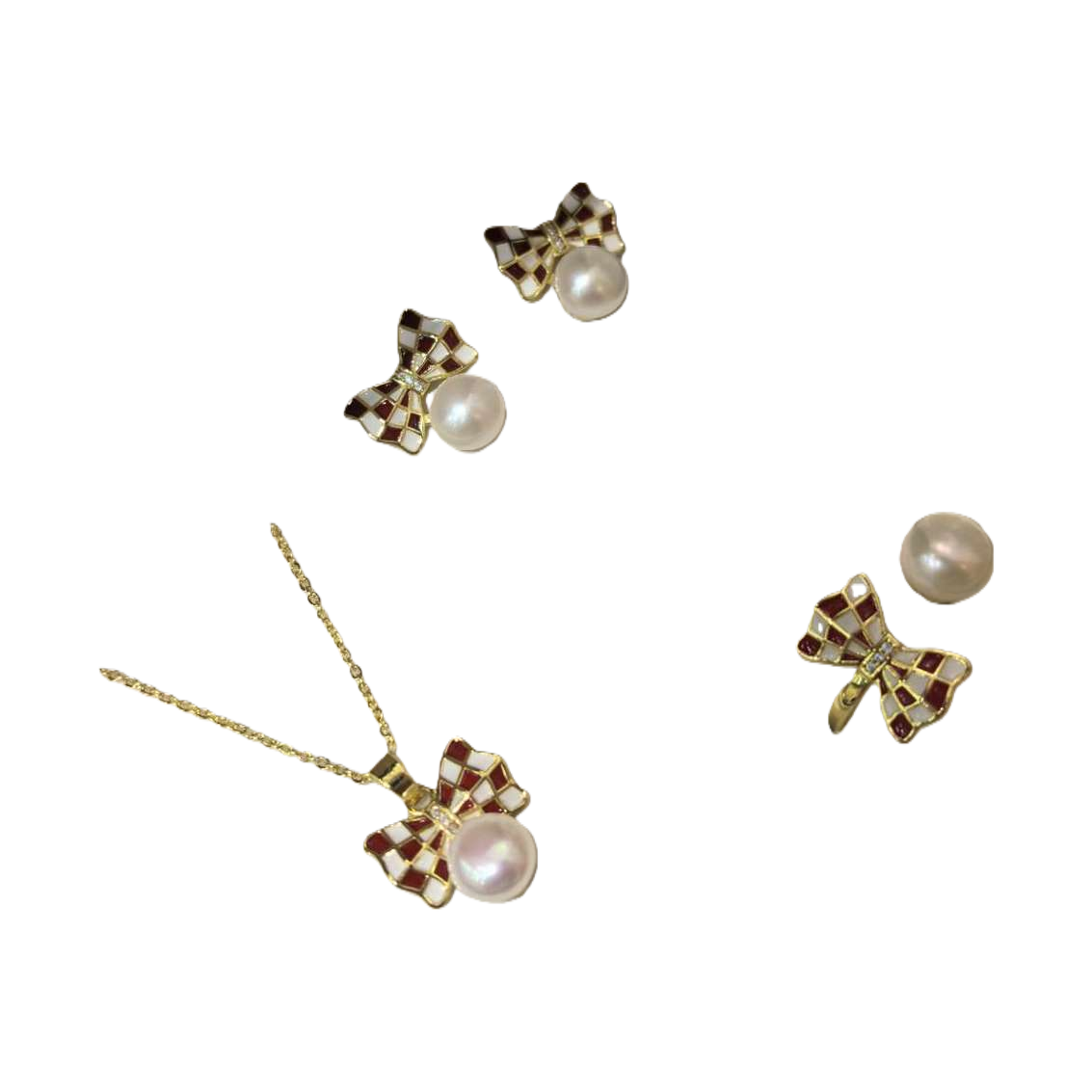 Coreano simple a cuadros arco perla conjunto de joyas regalo de cumpleaños de colegiala accesorios tendencia versátil Item Picture