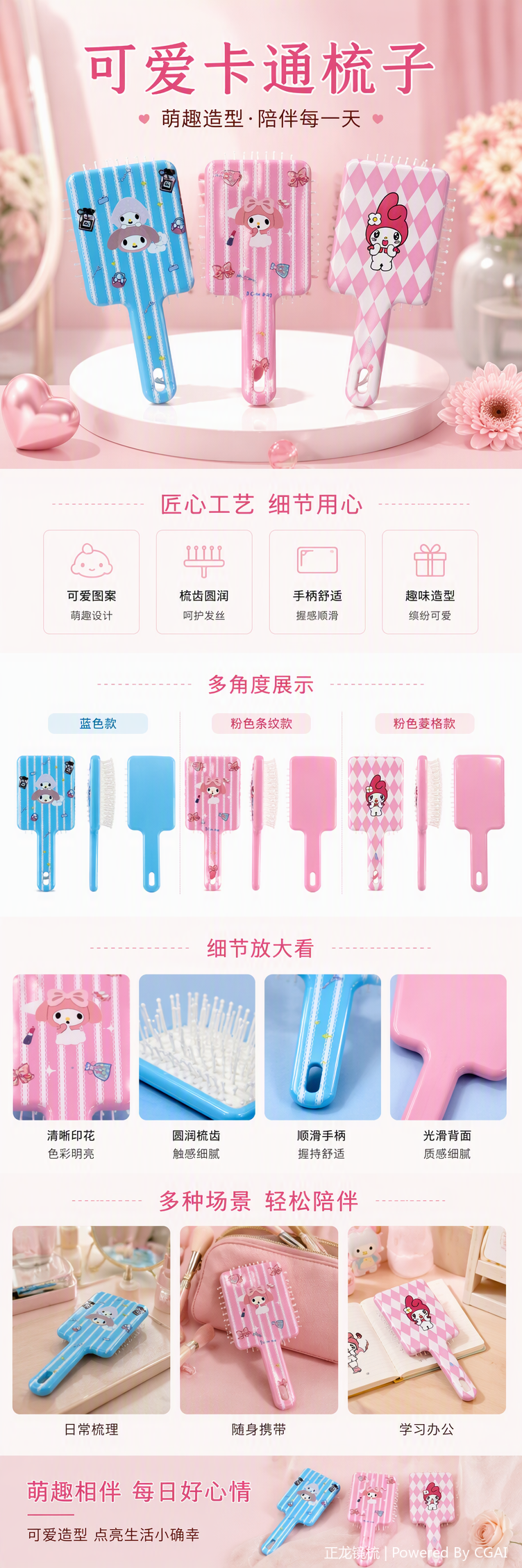 美乐蒂三色卡通梳子粉色蓝色白色可爱造型儿童梳理发工具发饰配件详情1