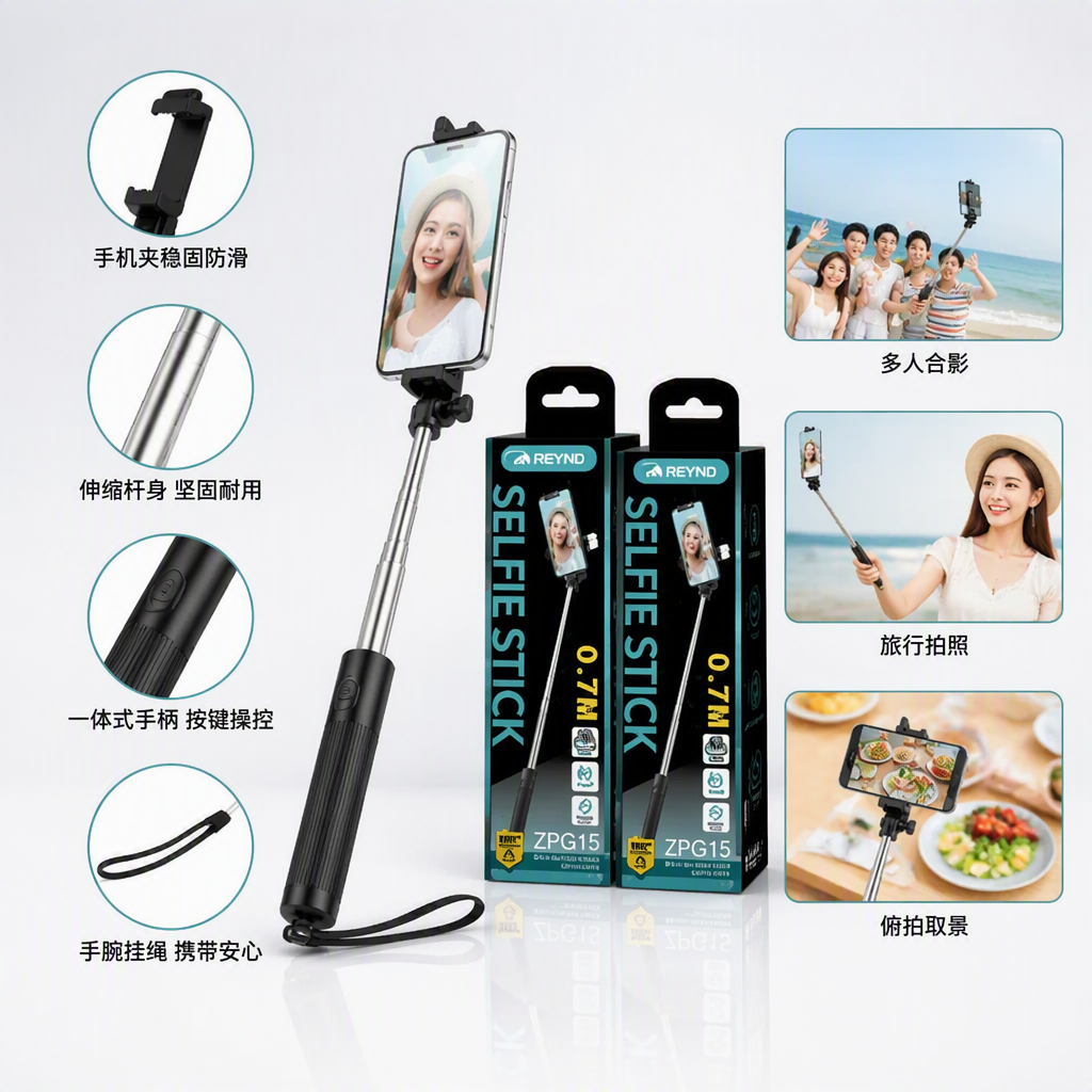 Fashionable black packaging box, portable selfie stick, high-definition camera, multi-functional phone stand, essential for travel