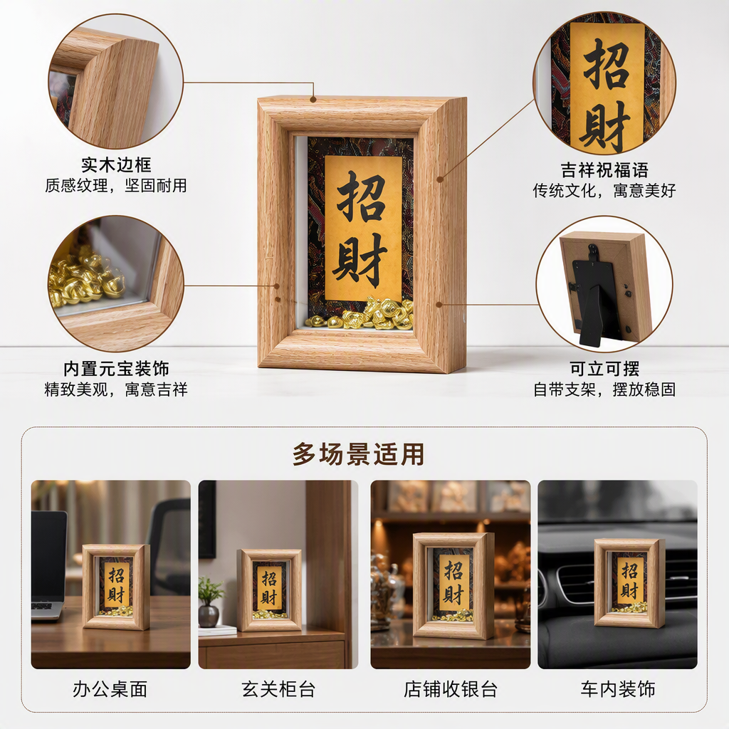 复古木质相框摆件书法字条金色元宝装饰创意家居装饰品礼品